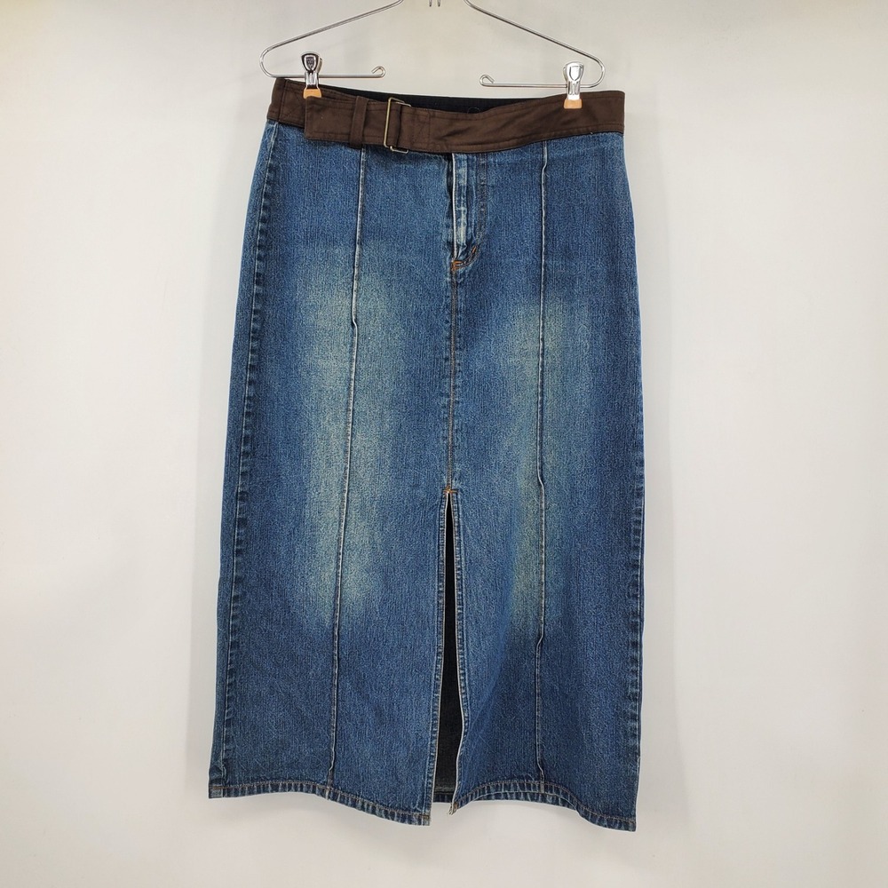 Vintage Faded Glory Denim Maxi Skirt Belted 12 Y2K Western Grunge Goth Modest